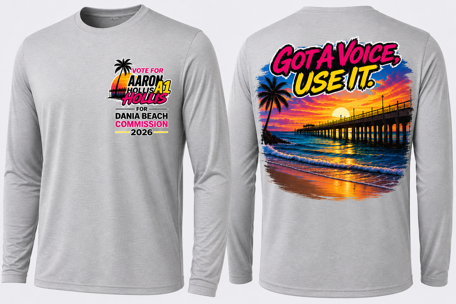 Gray long sleeve campaign shirt, front and back